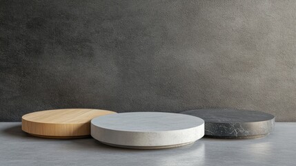 Poster - Minimalist empty podiums for product presentation featuring three round stands on a gray background 3D illustration