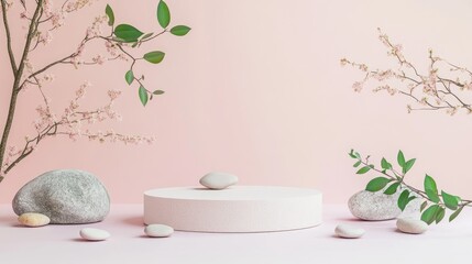 Poster - premium paper podium on a pastel background featuring plant branches leaves pebbles and natural ston