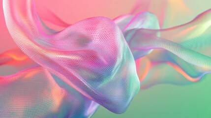 Poster - Glowing pink and blue mesh flows over a vibrant green and pink backdrop A digitally generated composition featuring color shape light and movement