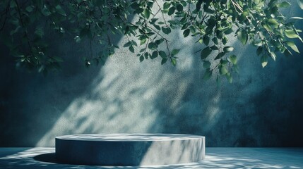 Poster - Abstract 3D render of a minimalistic podium scene Light and shadows from foliage create a play on a textured wall ideal for product presentation or advertising mockups
