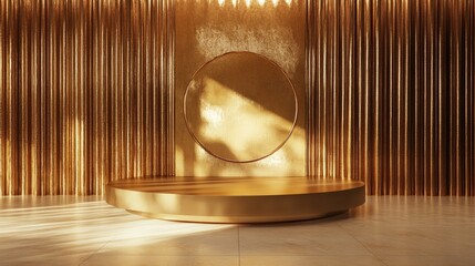 Poster - Golden backdrop featuring a stage podium for product display 3D rendering