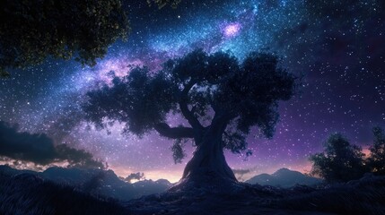 Wall Mural - Landscape featuring a Milky Way galaxy above a tree in a 3D cartoon rendering Night sky filled with stars captured through long exposure photography