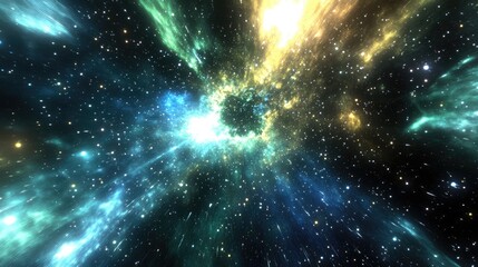 Poster - 3D cartoon depiction of a star field voyage featuring a blue and green cosmic space nebula digital art illustration