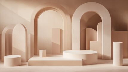 Poster - Abstract podium featuring minimal geometric shapes design 3D rendering scene for mock up and product showcase Platform for cosmetics promotion with various simple arch shapes