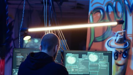 Poster - hacker in hidden shelter listening music while launching ddos attacks on websites, crashing them by 