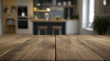 Poster - 3D rendering of a wooden tabletop with a blurred kitchen room background in a modern contemporary style