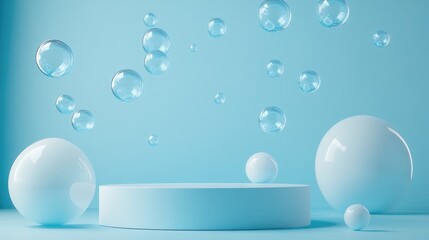 Poster - Minimal abstract composition featuring a podium with airborne geometric bubble shapes against a blue backdrop