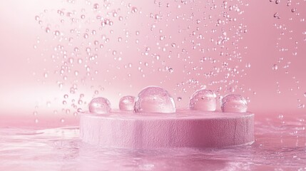 Poster - Pastel color background with water drops featuring a natural beauty podium for product display 3D rendering