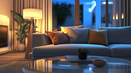 Poster - 3D rendering of a contemporary living room interior designed in a boho style featuring a cozy sofa an acrylic coffee table and an accent lamp