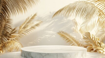 Poster - Empty marble podium featuring gold palm leaves in a white composition ideal for modern stage displays and minimalist mockups Abstract showcase background 3D illustration or render