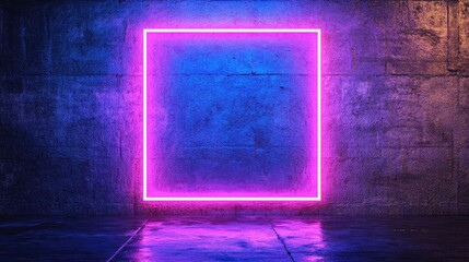 Poster - 3D Rendering Of A Blank Neon Blue Square Frame On A Dark Grunge Background Empty Neon Blue Sign Cube Frame Illuminated Glowing Neon Border