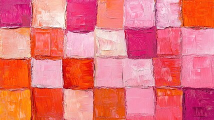 Poster - Close up of an abstract textured painting featuring vibrant hues of pink orange and red created with oil brushstrokes and palette knife techniques showcasing overlapping square layers