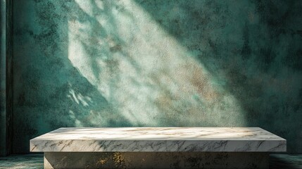 Poster - 3D rendering of an empty marble table in the foreground and cement stone in the background featuring green light from above creating a rustic mood with an abstract backdrop for product display in 
