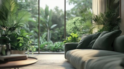 Poster - Contemporary living room design featuring green plants and ample copy space for mockup 3D rendering