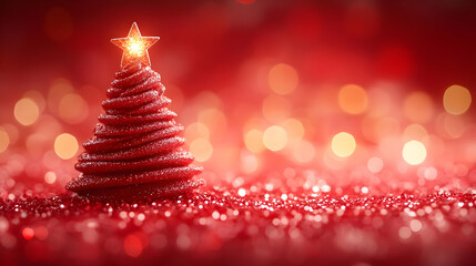 Poster - A festive red Christmas tree with a glowing star on a sparkling background.