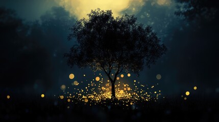 Poster - Black Bokeh with Tree Silhouette on Dark Background