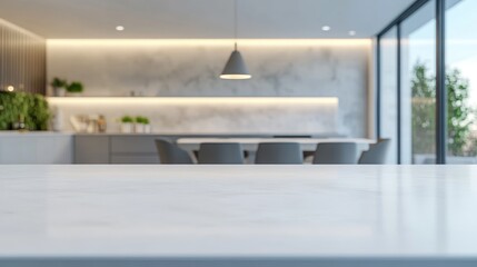 Poster - 3D rendering of an empty copy space on a luxurious white kitchen countertop featuring a blurred backdrop of a contemporary white kitchen design including a kitchen island and counter