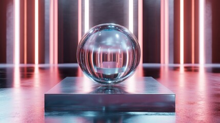 Poster - Elegant metallic stage mock up featuring a reflective crystal and glass sphere designed as a template for product advertising 3D rendering