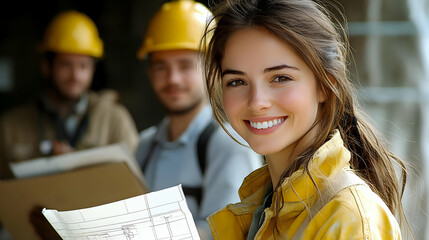 Poster - Young woman smiling at a construction site with blueprints.