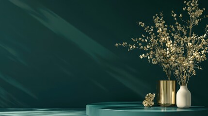 Poster - Abstract geometric shape in dark green featuring a minimalistic scene with a podium vase and gold flowers Suitable for cosmetic or product identity and packaging display background 3D render