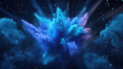 Poster - Explosion of blue aqua and violet dust on a black background in 3D cartoon rendering Illustration