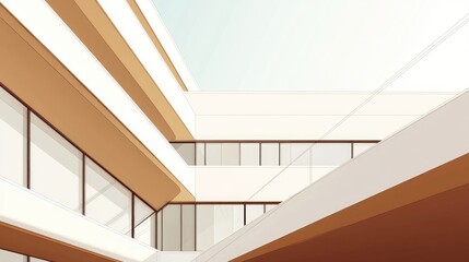 Poster - Panoramic Abstract Background Of A Contemporary Structure In White Beige And Brown Tones A Multi Story Building With Numerous Windows And Broad Perspective Showcasing Great Clarity