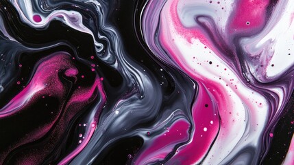 Poster - A vibrant abstract backdrop featuring a blend of swirling liquid paint in black white purple and pink hues