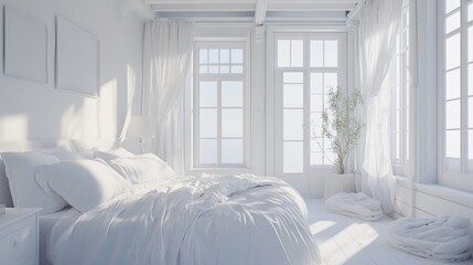 Poster - Scandinavian inspired white interior of a bedroom 3D rendering