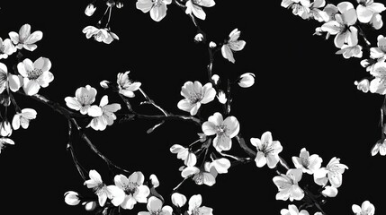 Poster - Botanical black and white seamless pattern featuring a sakura cherry branch designed for textile use