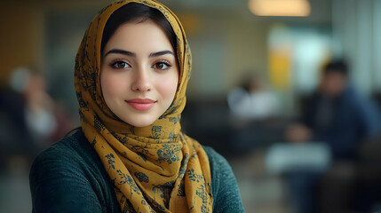 Canvas Print - A young woman in a hijab smiles warmly, conveying confidence and grace.