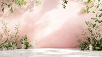 Poster - Light pink backdrop featuring pastel tones Natural elements with green foliage White marble surface 3D product presentation