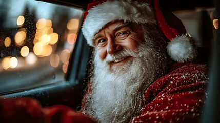 Sticker - Jolly figure in a Santa suit smiling from a car during winter.