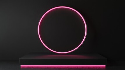 Poster - luxury black gradient background featuring a circular pink neon light and a product display platform