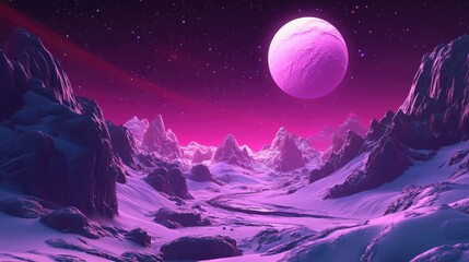 Poster - science fiction illustration featuring a 3d cartoon rendering of an alien planet landscape with a st