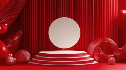 Poster - red backdrop featuring a geometric shaped podium for product display 3d rendering