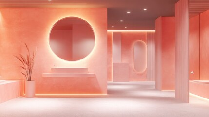 Poster - 3D rendering of a circular mirror on a wall in a pink restroom within a modern hospital setting