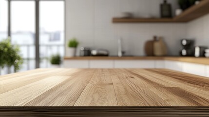 Poster - 3D rendering of a kitchen table background with a wood countertop featuring a blurred white abstract home interior and bokeh effects ideal for showcasing dining settings or podium banners