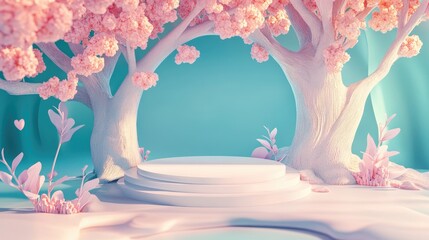 Poster - whimsical cartoon tree setting featuring a white podium for product display 3d illustration
