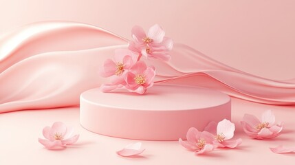 Poster - Pastel pink podium featuring abstract silk waves 3D render of a display stand for cosmetic and body care products Elegant platform adorned with flower petals