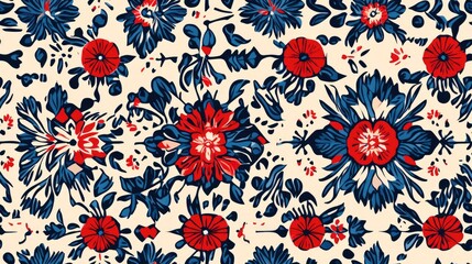 Poster - geometric ornate folk art background in red and blue pattern decoration texture illustration wallpap