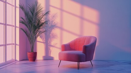 Poster - 3D rendering of an interior space featuring a stylish chair