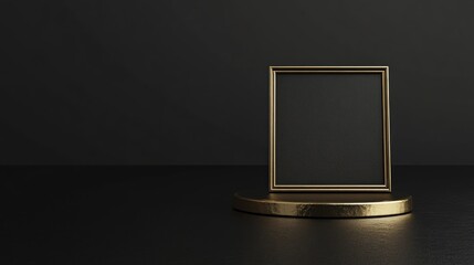 Poster - 3D rendering of an isolated pedestal on a black background featuring a gold frame and a memorial board showcasing an abstract minimalist concept and a luxury mockup