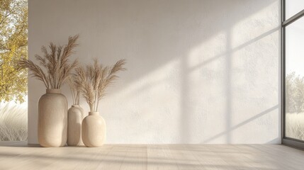 Poster - Minimalist interior of a white empty room featuring vases on a wooden floor and decor on a large wall with a white landscape view through the window 3D illustration of modern design