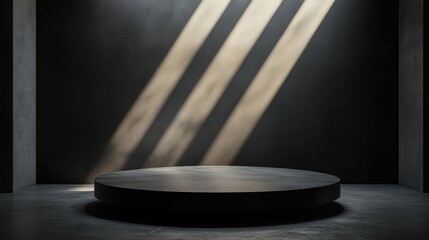Poster - 3d rendering of a black abstract table stage featuring light beams and shadows designed for product 