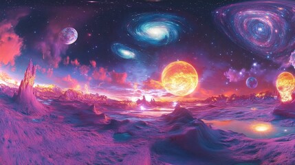 Poster - 360 degree stellar system and glowing nebula in 3D cartoon rendering Equirectangular projection spherical panorama and HDRI map environment