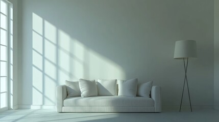 Poster - 3D rendering of a minimalistic interior featuring a sofa and a floor lamp