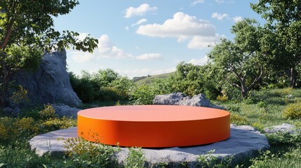 Poster - Premium 3D rendering mockup template of an orange circular podium in a landscape setting