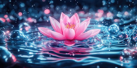 Pink water lily blossom floating on a dark water surface, Pink water lily blooming on dark water surface