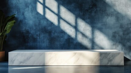 Wall Mural - 3D Rendering of a White Marble Table Corner Featuring Light Beams Shadows and a Spotlight from a Vintage Window Against a Blue Concrete Wall Ideal for Product Presentation and Display