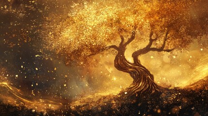 Poster - Fantasy illustration of a golden tree Stunning abstract backdrop